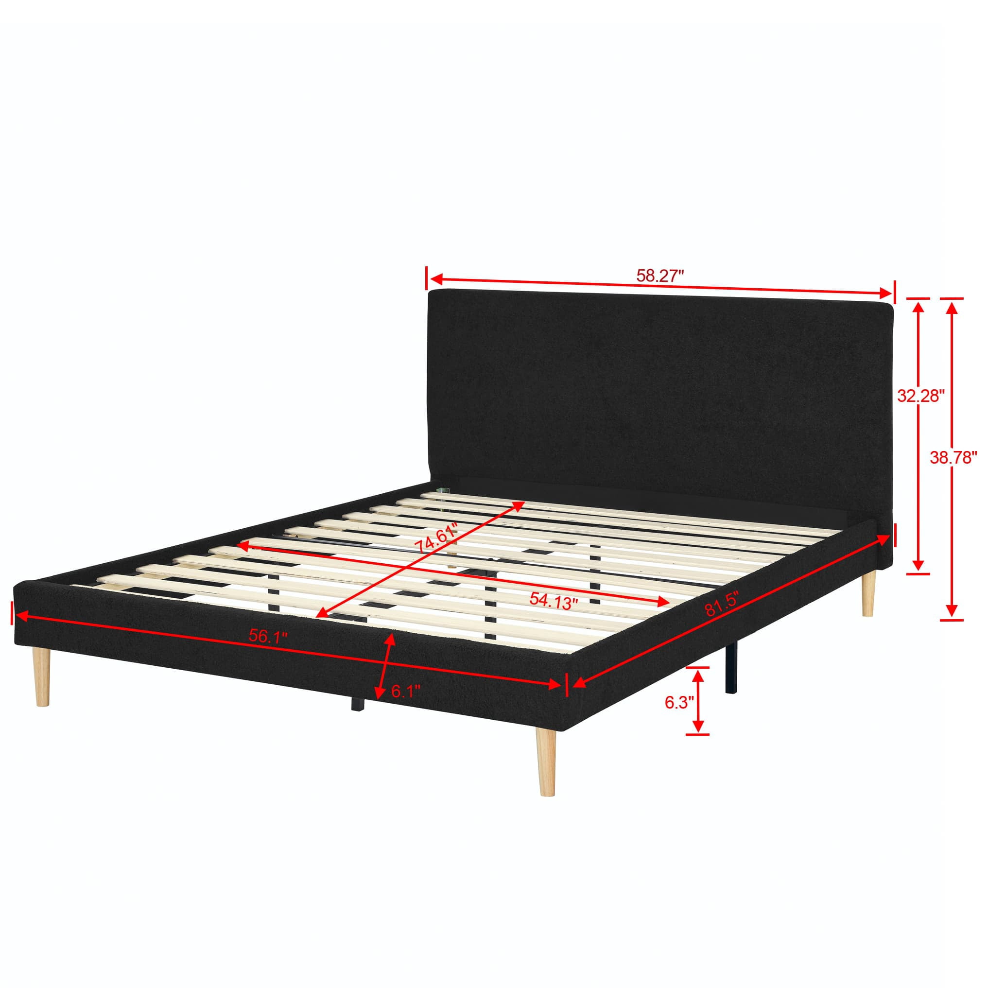 BSHTI Full-Size Teddy Velvet Upholstered Platform Bed Frame with Wooden Slat Support, High-Density Foam, Compatible with 8-14 Inches Thick Mattresses, Black