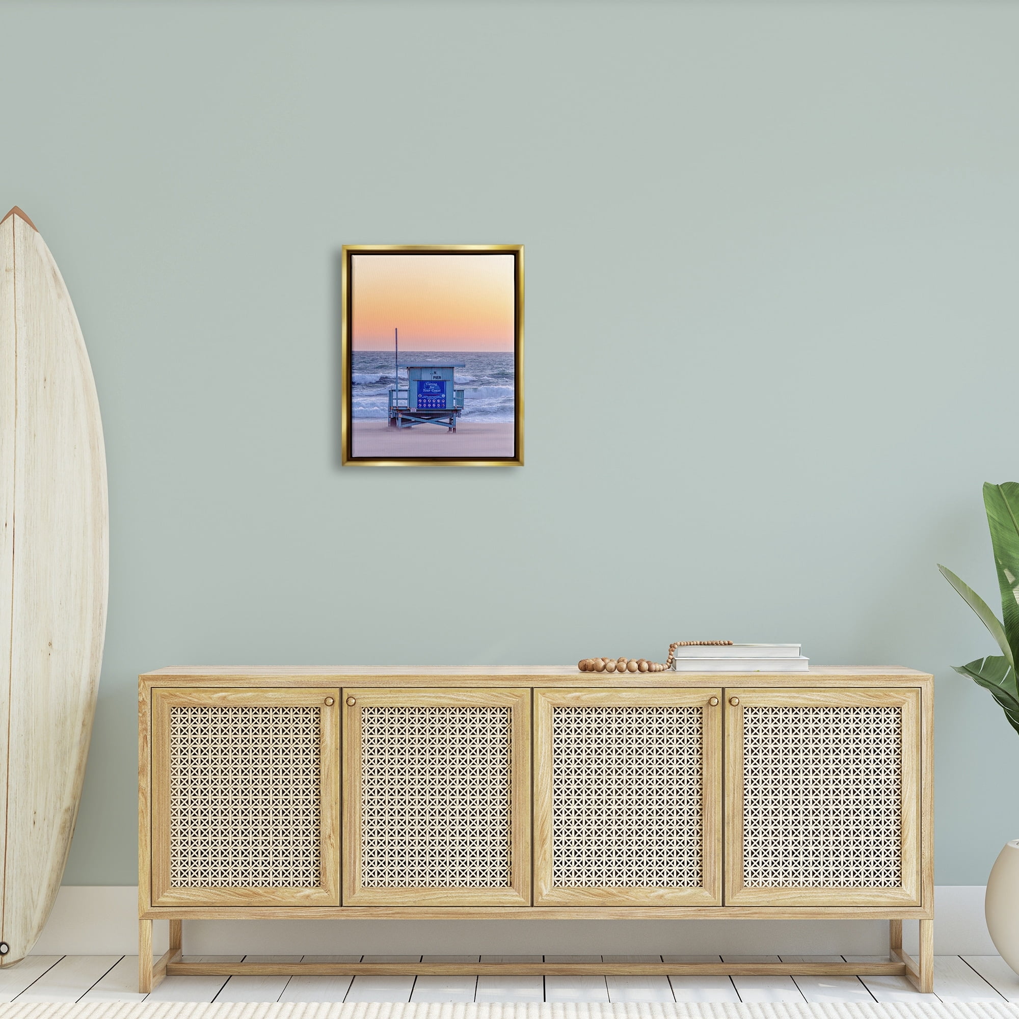Stupell Industries Tranquil Orange Sunset Beach Hut Ocean Shore Photograph Metallic Gold Floating Framed Canvas Print Wall Art, Design by Jeff Poe