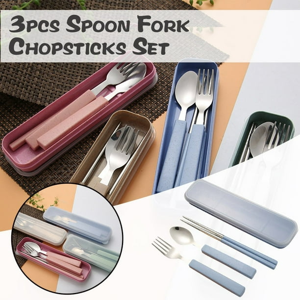 Juego de Cubiertos Portátil de Acero Inoxidable, Cuchara, Tenedor y Palillos, Caja de Viaje Compacta, Fácil de Limpiar, Ideal para Picnic, Camping y Escuela. Juego de 3 Piezas. Tamaño de La