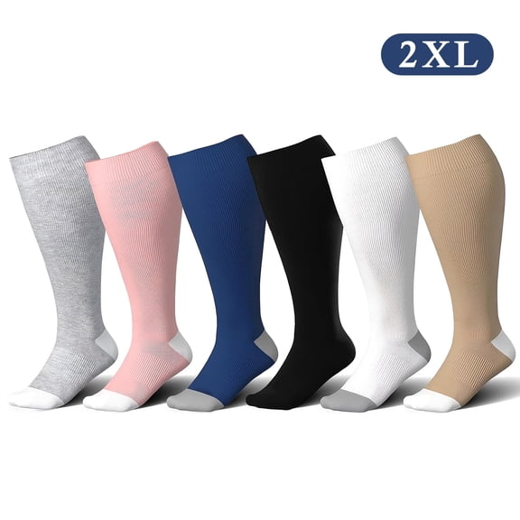 Amaopus 6 Pairs Plus Size Compression Socks, Wide Calf Compression Socks for Women and Men (2XL)