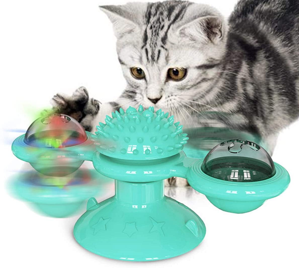 PeSandy Turntable Windmill Cat Toy with Suction Cup Interactive Cat Teasing Toy Multi-functional Cat Toothbrush Toy with Catnips and Bells for Cats/Kitten Scratching Tickle Massage Hair Brush