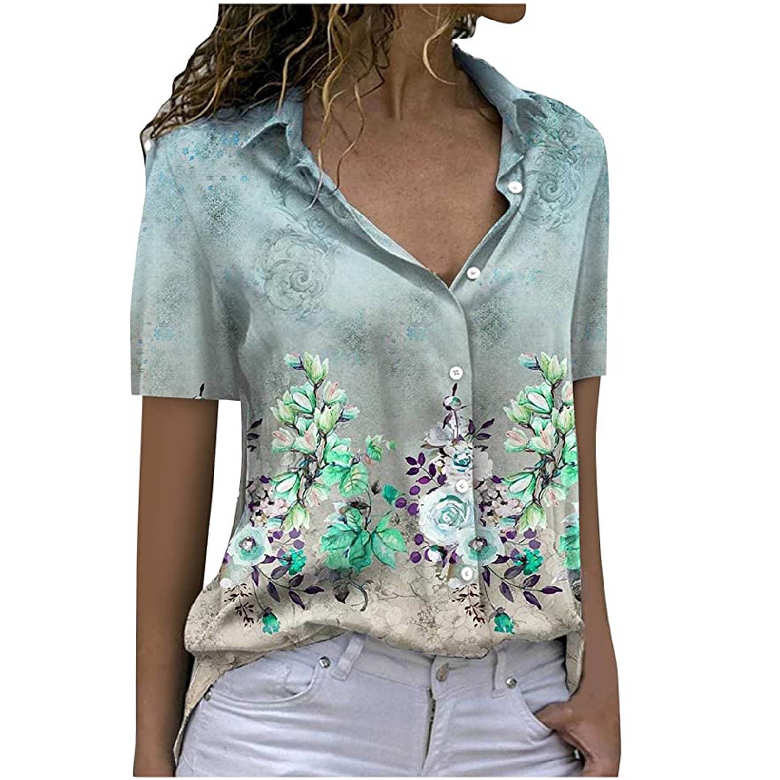 Button Down Shirt Women Short Sleeve V-Neck Lapel Floral Print Blouses ...