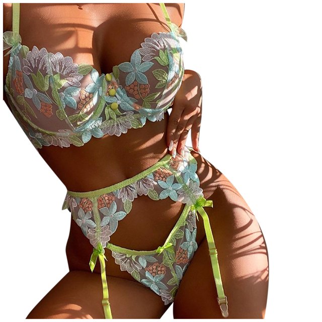 Gibobby Conjunto de lencería Sujetador de encaje Liga Ropa interior Anillo Sexy Nuevo Encaje de Lencería Pijamas Ropa de dormir Íntimos(Verde, CH)