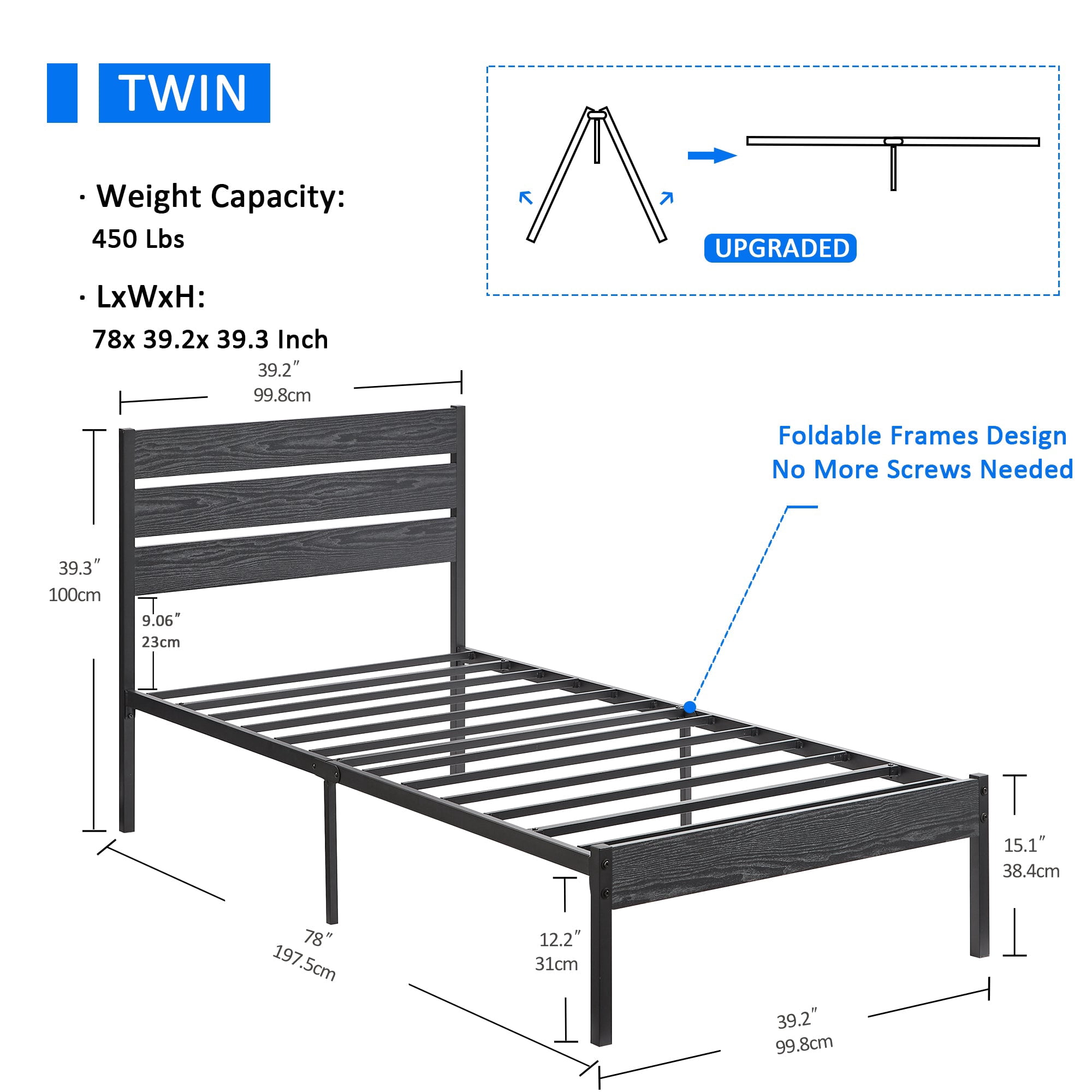 Katkuca Twin Size Metal Bed Frame, Industrial Platform Bed with Wood Headboard and Footboard, Heavy-Duty Metal Mattress Foundation, Easy Assembly, No Box Spring Needed, Black
