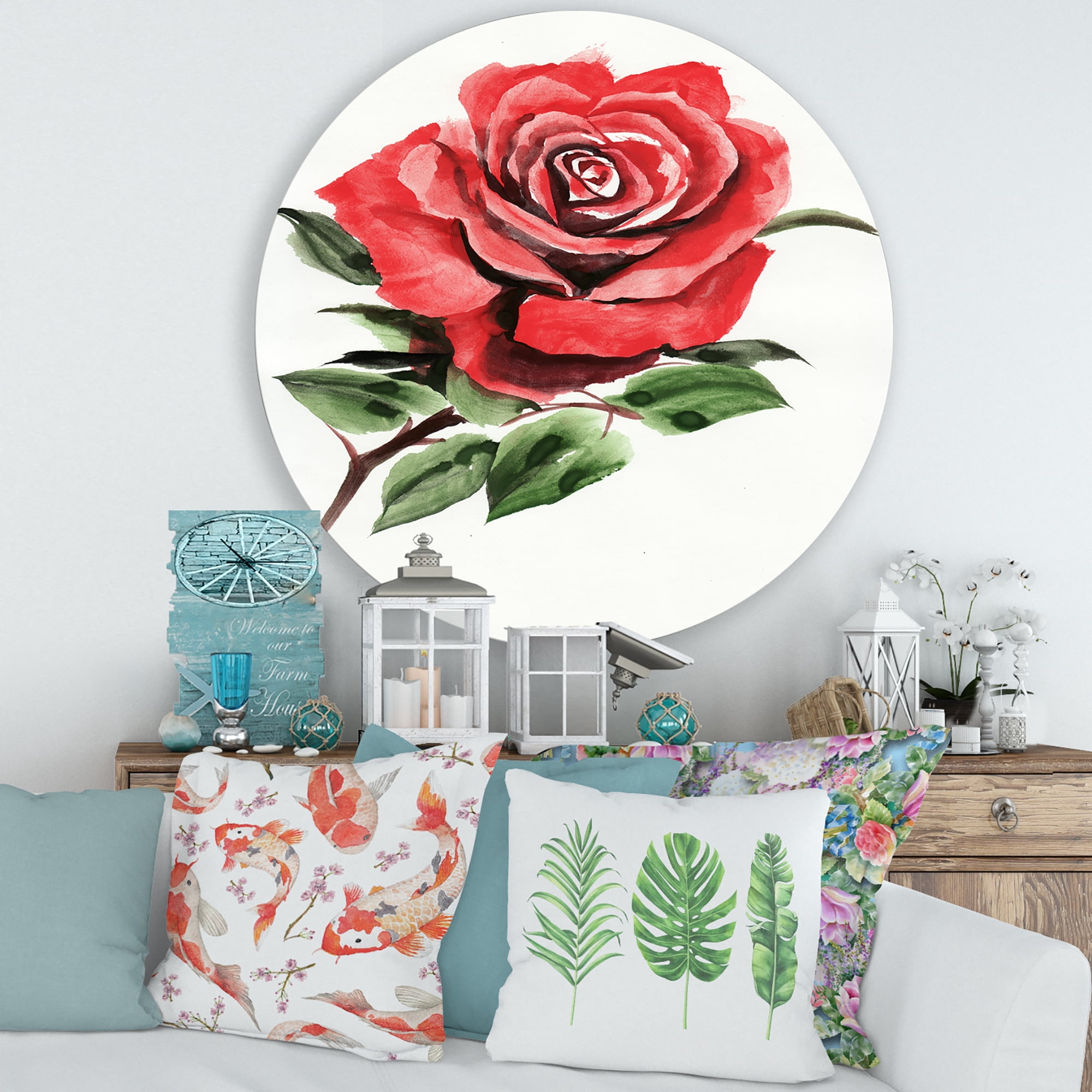 Designart 'Ancient Red Rose Flower III' Traditional Circle Metal Wall Art 29x29 - Disc of 29