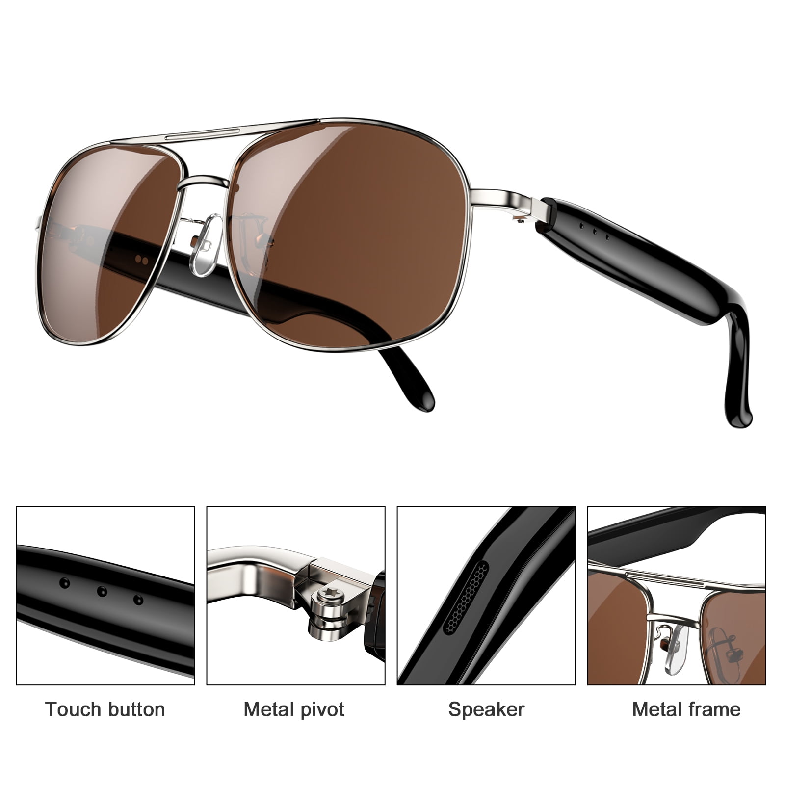LUOMATE Smart Glasses with Bluetooth Audio, Sunglasses with Voice Assistant, Open Ear Speaker, LensTouch Control for Travel Work Business (Sliver)