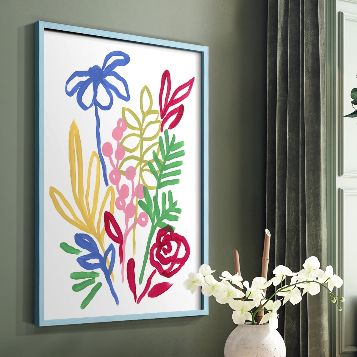 Bold Brushstroke Blooms I Framed Print in Blue Solid Wood Framed Print No Nail Hanging