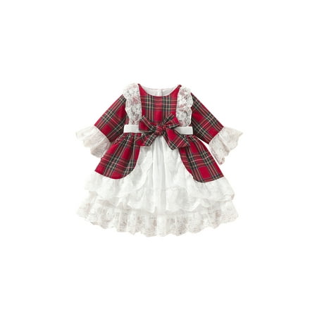 

Baby Girls Halloween Outfits Toddler Plaid Tutu Dress Round Collar Long Sleeve Ruffle Front Button Princess Dresses