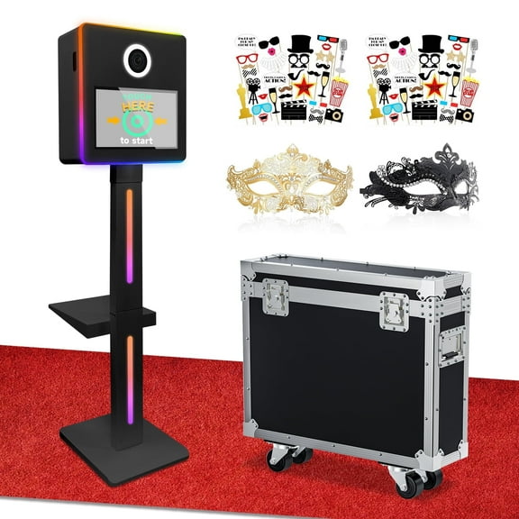 Mirror Photo Booth Machine with 15.6'' Touch Screen Mirror Photo Booth Machine with APP Control Ring Light Flight Case for Party Event Rentals (Black)