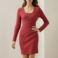 thumbnail image 2 of Fiaer Sweater Dresses Womens Pocket Quarter Zip Plus Size Scoop Neck Long Sleeve Warm Casual Trendy Solid Ribbing Mini Dress Red XL, 2 of 6