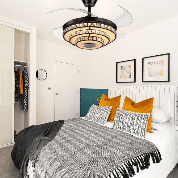 42" Black Inverter Smart Ceiling Fan with Color LED & Bluetooth Speaker - 5000 CFM Ultra Quiet 6-Speed, Reversible DC Motor, APP & Remote Control, Includes 4"/8" Downrods for Bedroom Living Room
