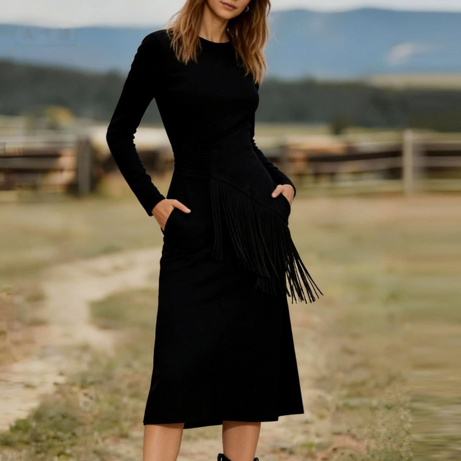 Womens Western Fringe Midi - Long Sleeve Faux Suede Boho Cowgirl Side Split Bodycon Dress with Asymmetrical Tassel Waist