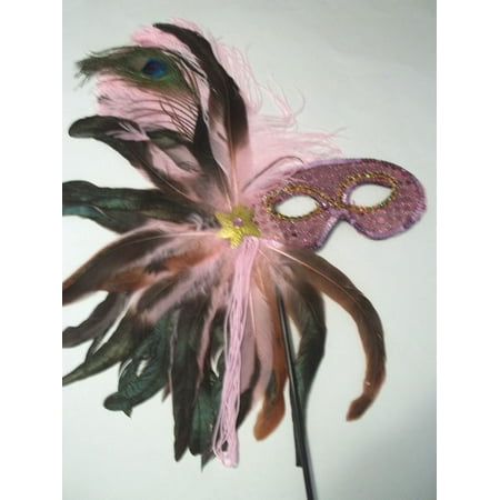 Light Pink Feather Masquerade Ball Decor Mardi Gras Party Stick Mask