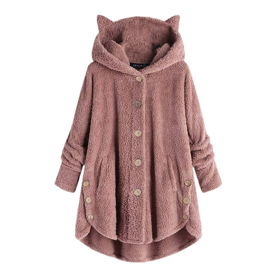 SAYOO Winter Hoodie for Women, Fleece Cat Ears Hooded Long Sleeve Button-Down Coat with Pockets for Girls, Full Sizes