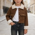 thumbnail image 2 of CAIVO Girls Cropped Suede Jacket Collar Cuff Warm Button Front Flap Pockets Long Sleeve Kids Lined Outerwear Fall Winter Coats Vacation Dailywear, 2 of 9