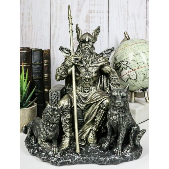 Ebros Norse Odin The Alfather Sitting On A Throne with Two Wolf Dogs Figurine