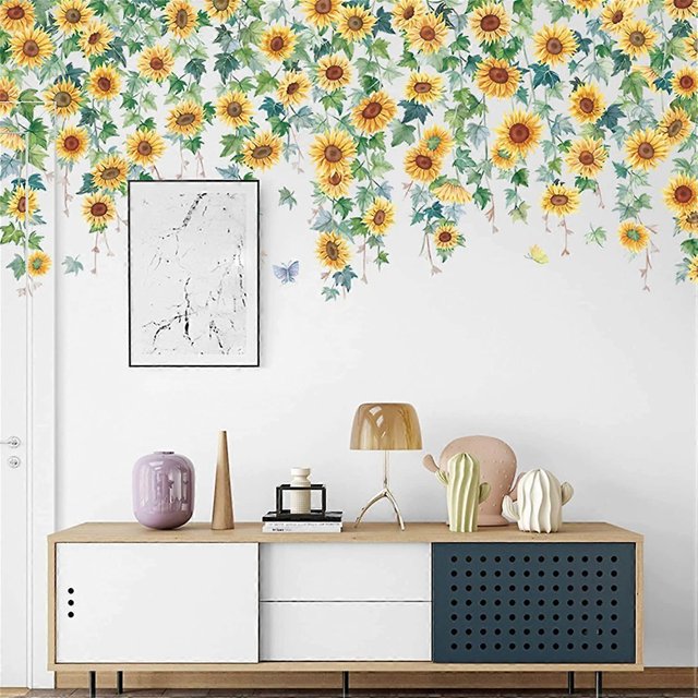 Sunflower Hanging Vine Ivy Wall Decals Flower Wall Stickers Bedroom Living Room TV Wall Door Decor Murals (Sunflower Hanging Vine)