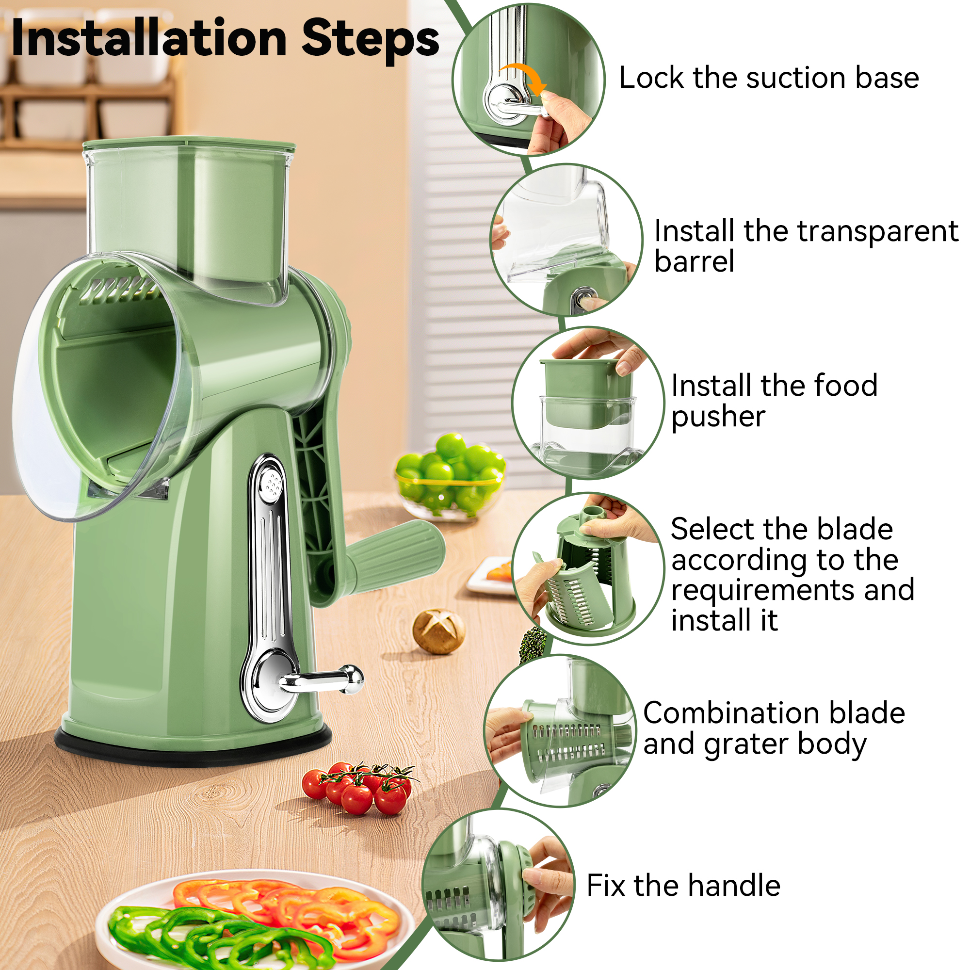 Pukomc Rotary Cheese Grater with 5 Blades & Suction Base photo 6