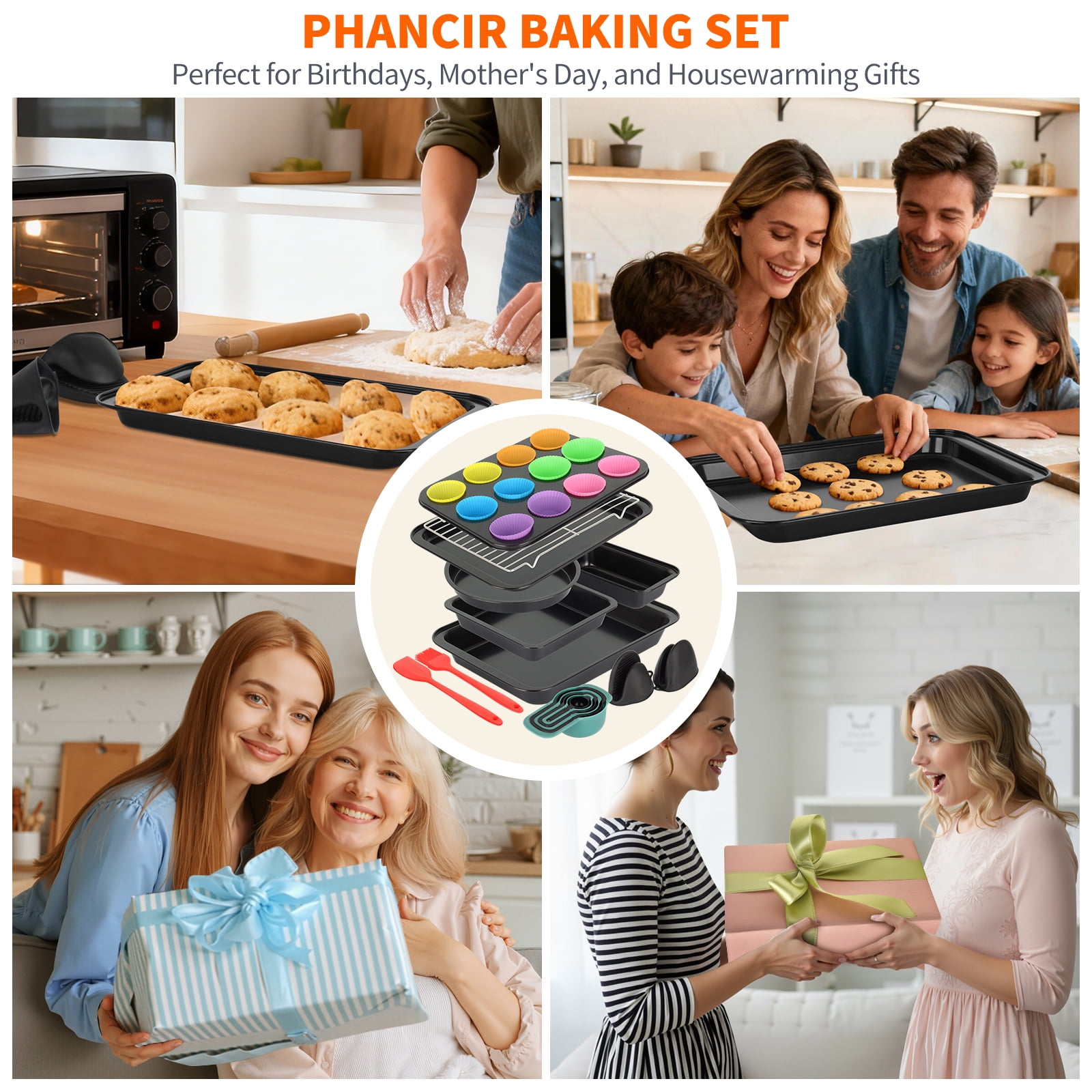 PHANCIR Bakeware Set, 24 Pcs Carbon Steel Non-Stick Baking Pan Set, Baking Sheet for Kitchen, Muffin Pan & Cookie Sheet & Cake Pan, Stackable Design for Storage, Easy to Clean, Black