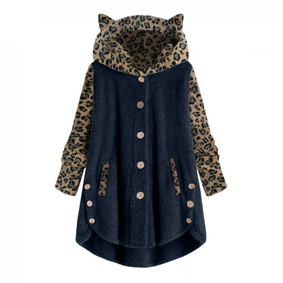 DPTALR Women's Fleece Jacket For Women Faux Coats Pullover Hoodie Button Hooded Sweatshirt Cat Ear Pocket Oversized Outwear