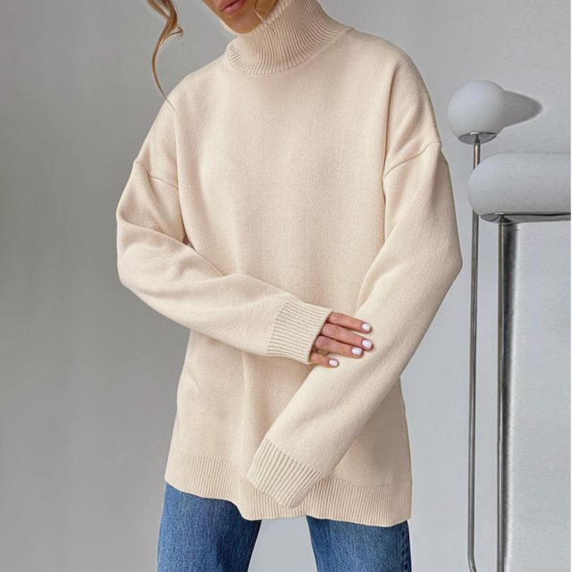 IMENGL Chandail Ample à Col Roulé en Tricot Automne Hiver, Beige m, Taille M-L