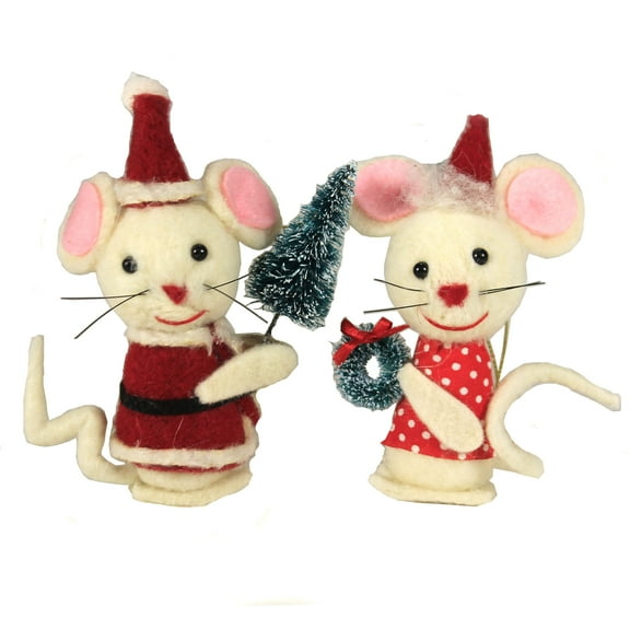 Holiday Ornament Mr & Mrs Mice Claus Set / 2 Santa Christmas Felt Retro Wo2242