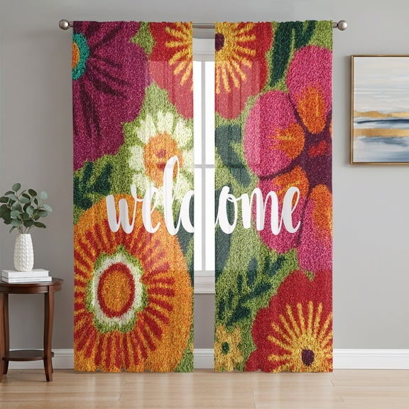 Vintage Floral Sheer Curtains 96 Inch Length 2 Panels Set, Tropical Summer Botanical Farmhouse Art Voile Window Treatment Semi Sheer Long Curtains Drapes for Bedroom/Living Room/Kitchen 52"x96"x2