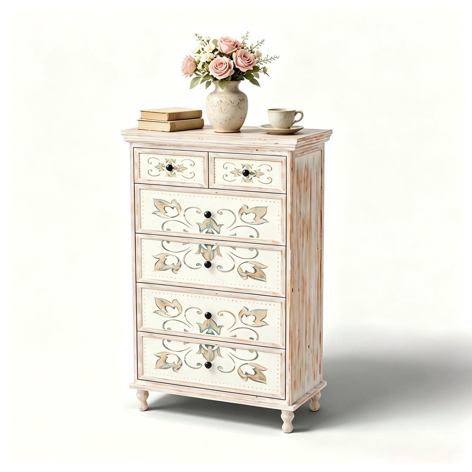 6-Drawer Carved Dresser, MDF and Solid Wood Leg, Tall Narrow Chest for Bedroom, White