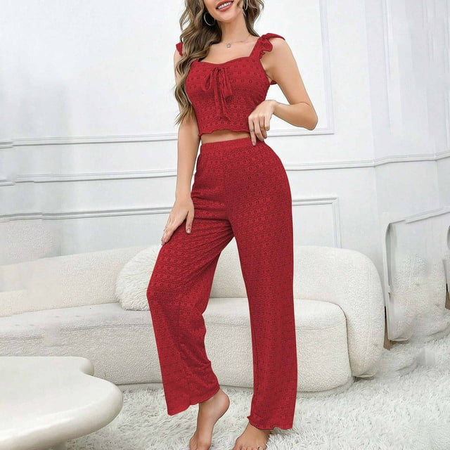 Qtocio Summer Pajamas for Women Set,Ladies Solid Color Ruffle Strap Lace Cami Top and Long Pants Set 2 Piece Set