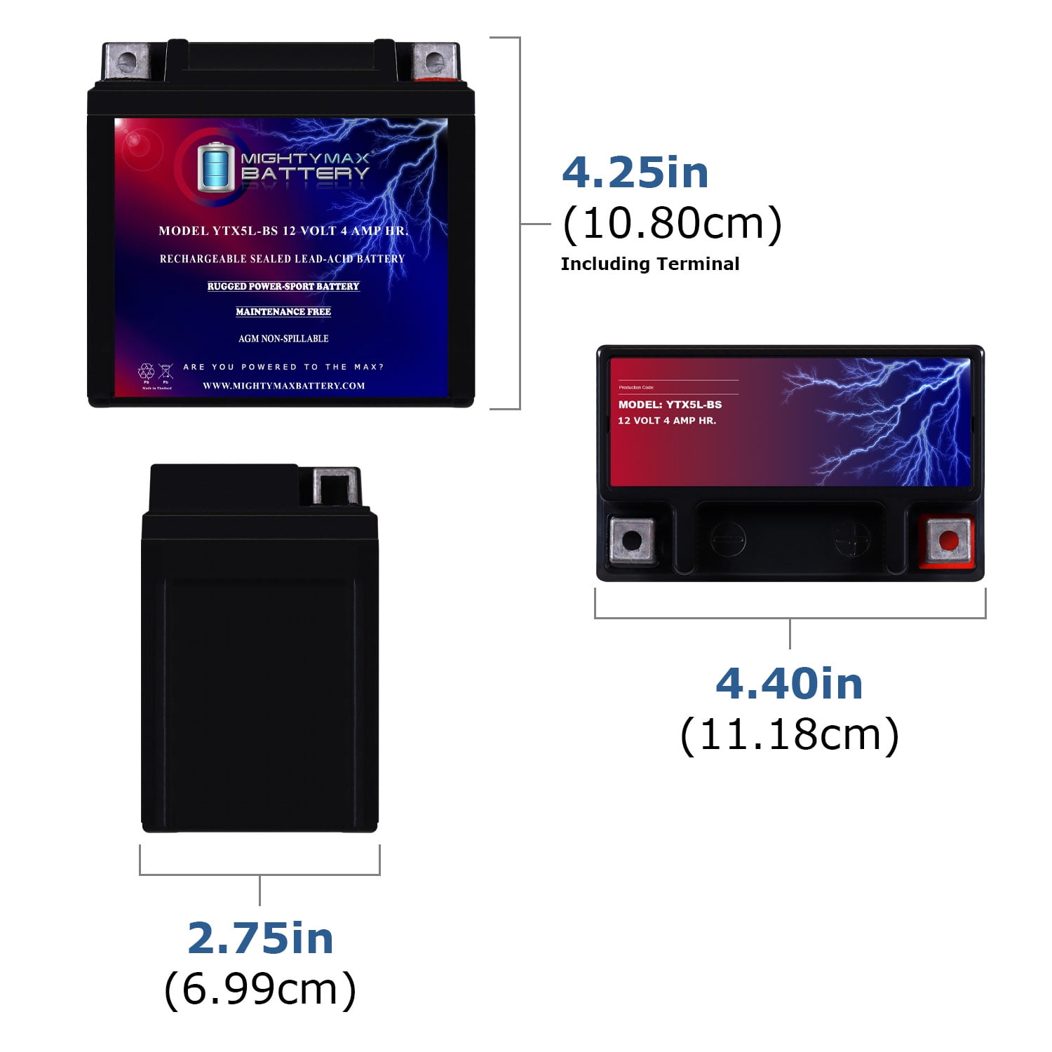 YTX5L-BS -12 Volt 4 AH, 80 CCA, Rechargeable Maintenance Free SLA AGM Motorcycle Battery