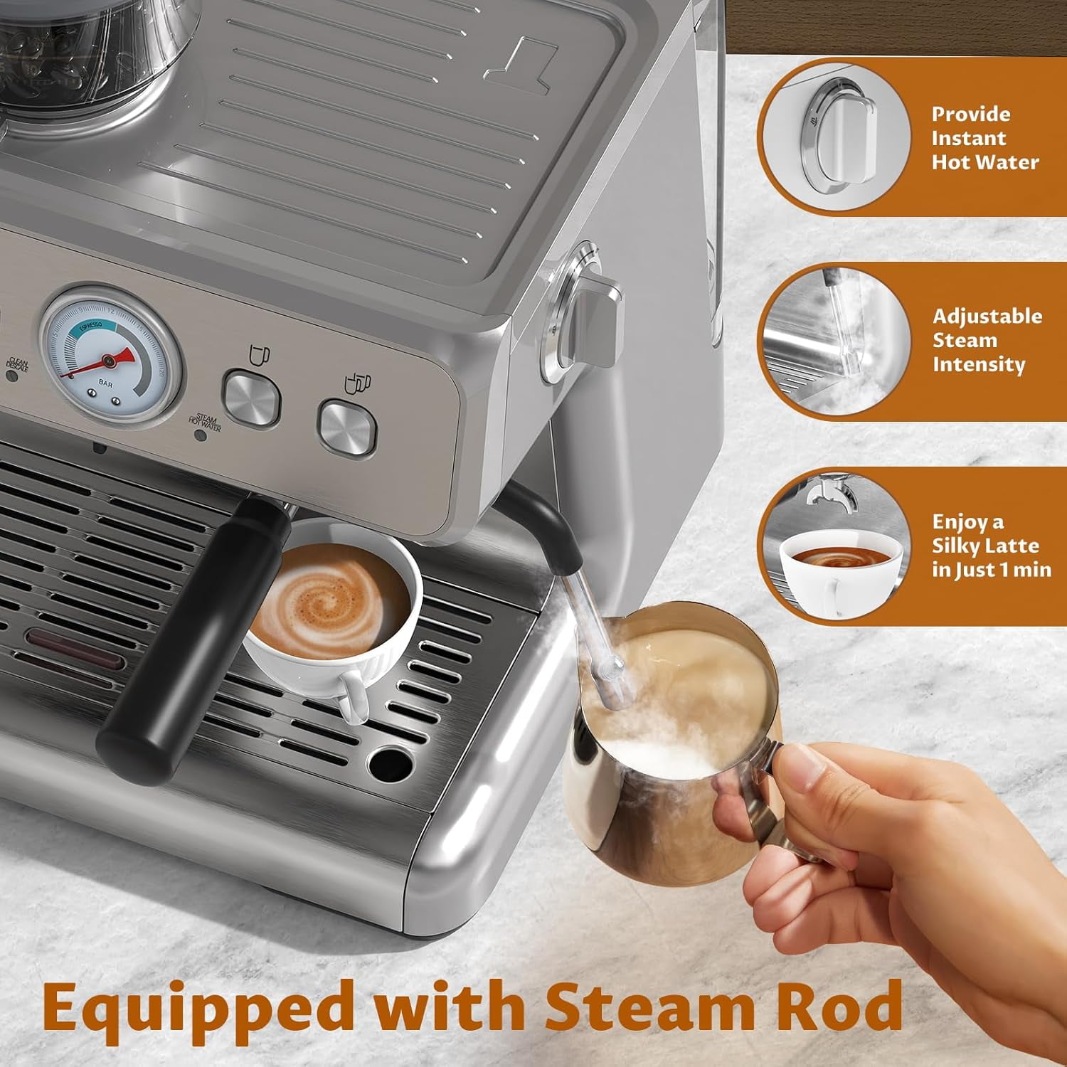 Espresso Machine 20 Bar Professional Coffee Maker with Grinder Milk Frother