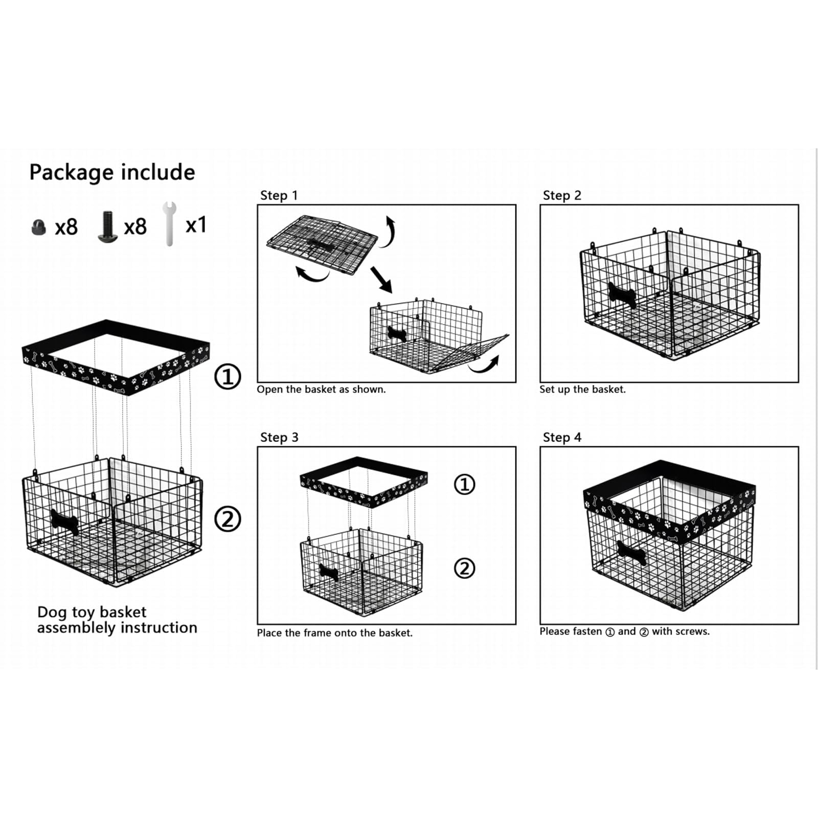 Black 2 Large Metal Dog Storage Basket for Pet Toys, Food, and Living Room Organization