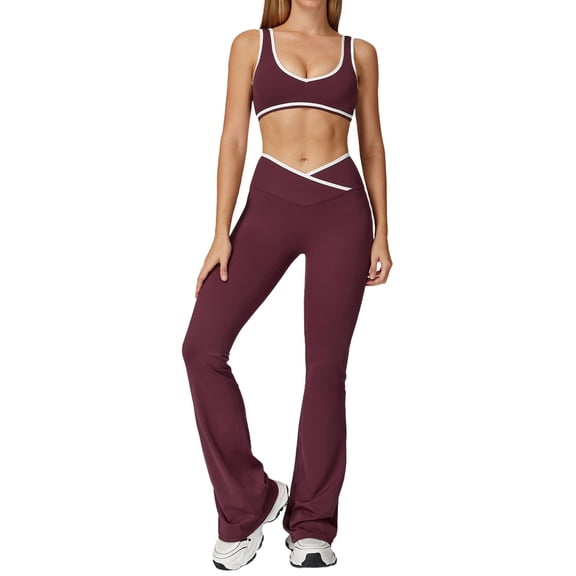 KHONTS Women 2 Piece Workout Yoga Sets Color Block Sports Bra High Waist Flared Leggings Gym Yoga Pilates Outfits XL