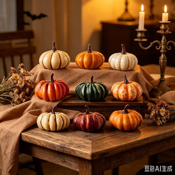 9 Pack Mini Artificial Pumpkin Table Decor, Assorted Color Faux Pumpkins Desktop Ornaments, Farmhouse Harvest Fake Pumpkin Decorations for Halloween Thanksgiving Home Mantel Table Centerpiece