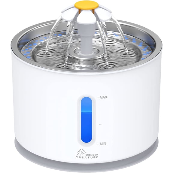 Cat Water Fountain with Stainless Steel Lid, 2.4L/81oz Automatic Cat Fountain with LED Light and Water Level Window for Cats and Dogs