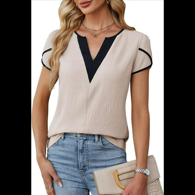 Camiseta de Corta con Cuello en V para Mujer, Color Albaricoque M