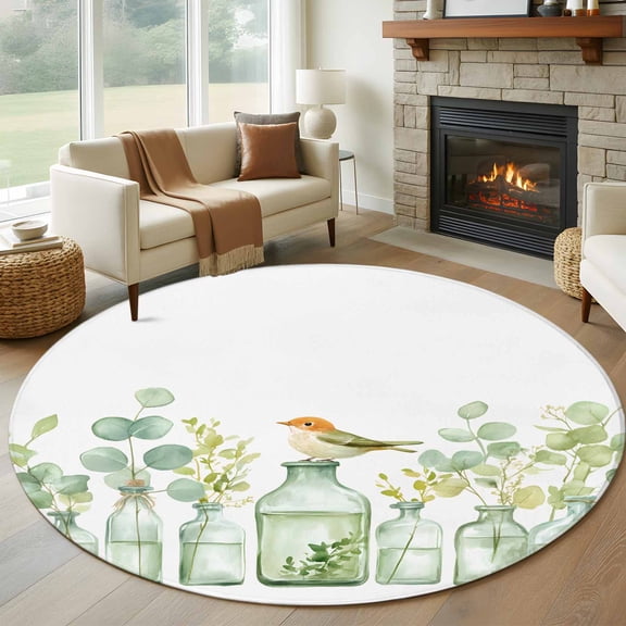 Round Rugs 5Ft, Spring Eucalyptus Round Area Rug Washable Indoor Throw Carpet, Birds Green Leaf Vase Watercolor Soft Non Slip Circle Rug for Cabinet Bathroom Home Decor Aesthetic