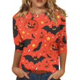 thumbnail image 1 of Camiseta de manga 3/4 con temática de Halloween para mujer con estampado de murciélagos y árboles: top informal de otoño, 1 of 5