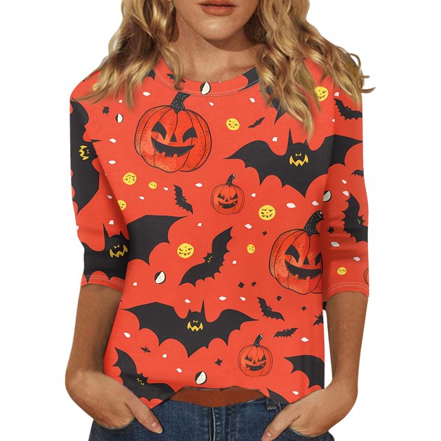 Camiseta de manga 3/4 con temática de Halloween para mujer con estampado de murciélagos y árboles: top informal de otoño