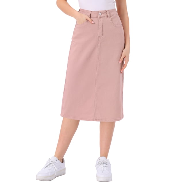 Faldas de mezclilla para mujer Inspire Chic, de cintura alta, con cremallera, abertura trasera, midi, con bolsillos, color rosa, talla M