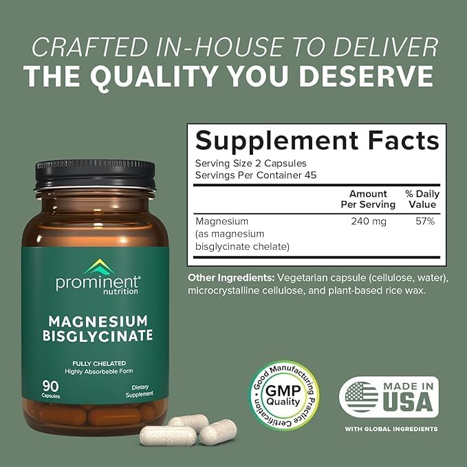 Prominent Nutrition Magnesium Bisglycinate Capsules, Brain Health Support, Magnesium Supplement, 240 mg, 45 Day Supply - 2 Pack