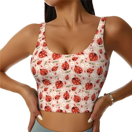 Qokaie Ladybugs With Heart Spots Pattern Womens Scoop Neck Sports Bra Breathable Workout Vest Padded U Back Medium Impact Fitness Gym Yoga Bra Workout Crop Top-X-Large