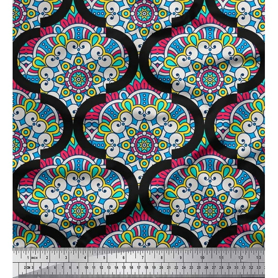 Soimoi Viscose Chiffon Fabric Mandala & Quatrefoil Damask Printed Fabric 1 Yard 42 Inch Wide