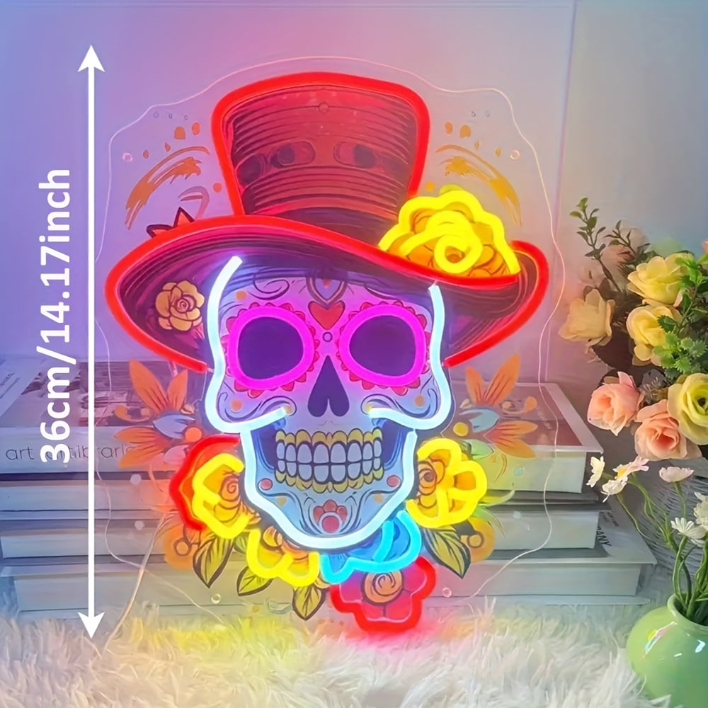 Mexican Day of the Dead Skull Neon Sign - USB-Powered Gothic Decor with Top Hat, Multicolor Lighting for Home/Bar/Restaurant, Durable Plastic, Festive UV Print Artwork