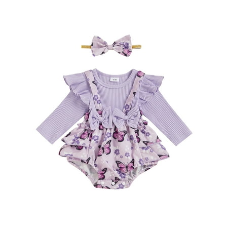 

Lesimsam Baby Girls Fall Outfit 3M 6M 12M 18M Butterfly Print Long Sleeve Fake Two-Piece Ruffle Romper + Bow Headband 2 Piece Set Newborn Infant Clothing