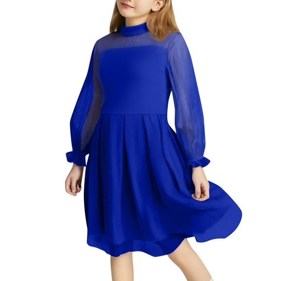Girls' Solid Color Sheer Mesh Long Puff Sleeve Dress, Round Neck & St. Patrick's Day Green, Festival & Casual Wear