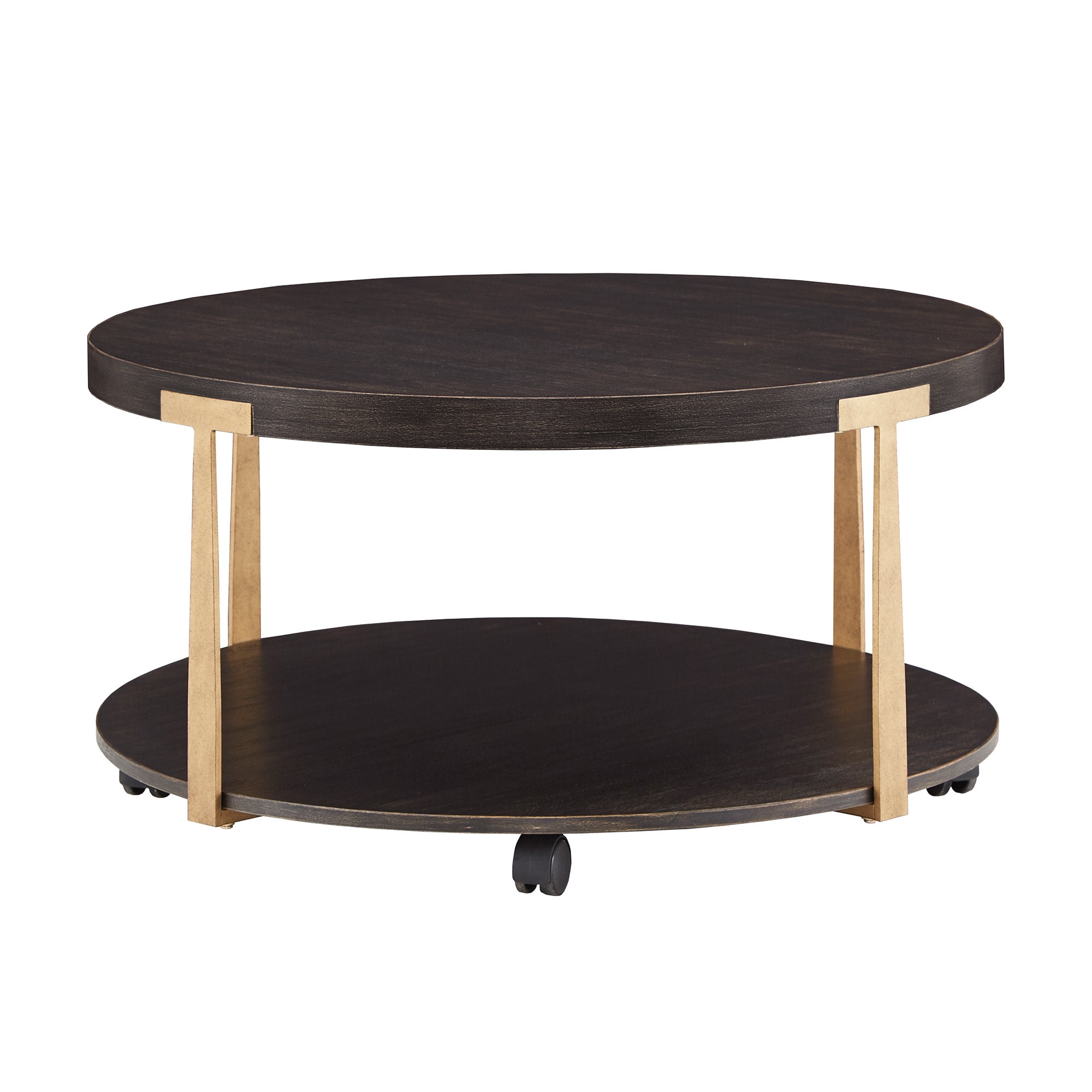 Weston Home Ario Wood and Metal T-Brace Round Coffee Table, Brown Finish