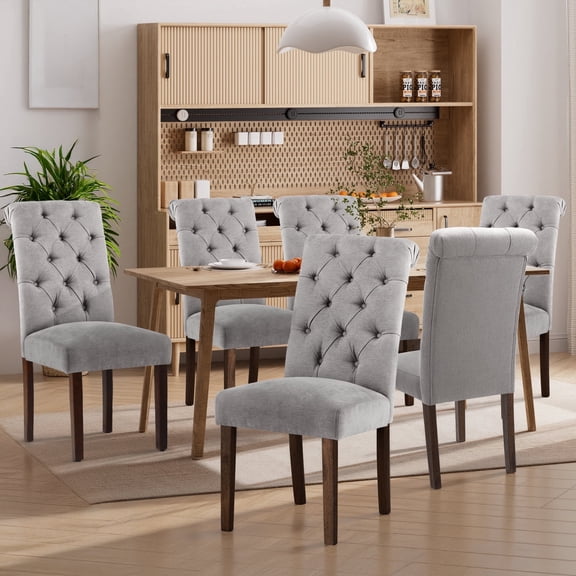 EOP Upholstered Dining Chairs Set of 6, Parsons Fabric Kitchen Chairs with Padded Seat, Button Tufted Armless Dining Side Chairs with Wood Legs, Light Gray