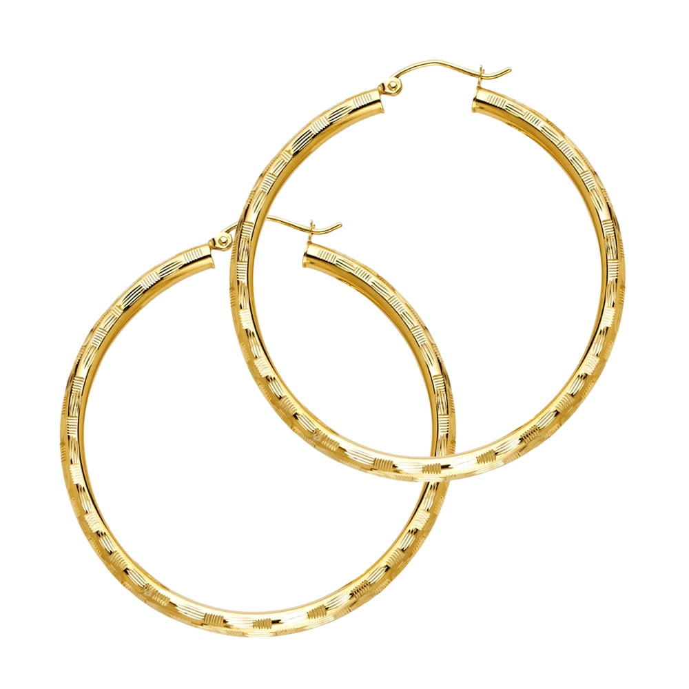 Mia Diamonds 14k White Gold Satin and Diamond-cut 2mm Round Hoop Earrings