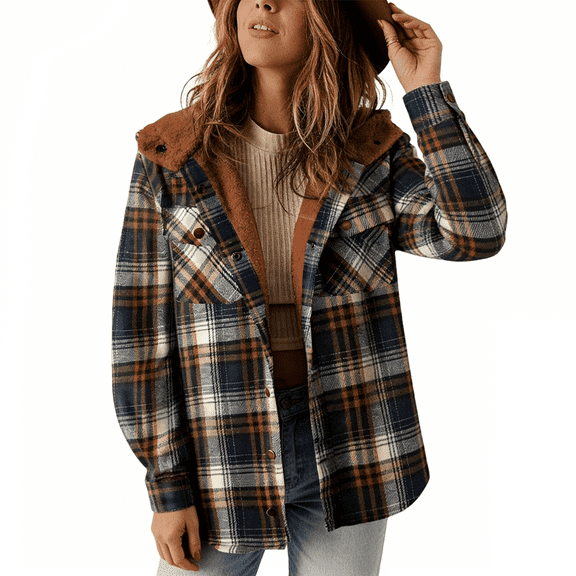 Women Long Sleeve Button Down Plaid Warm Hooded Jacket Women Fleece Plaid Shacket Jacket